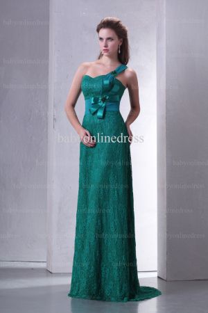 Affordable 2021 Prom Dresses One Shoulder Applique Bowknot Green Lace Dress BO0584