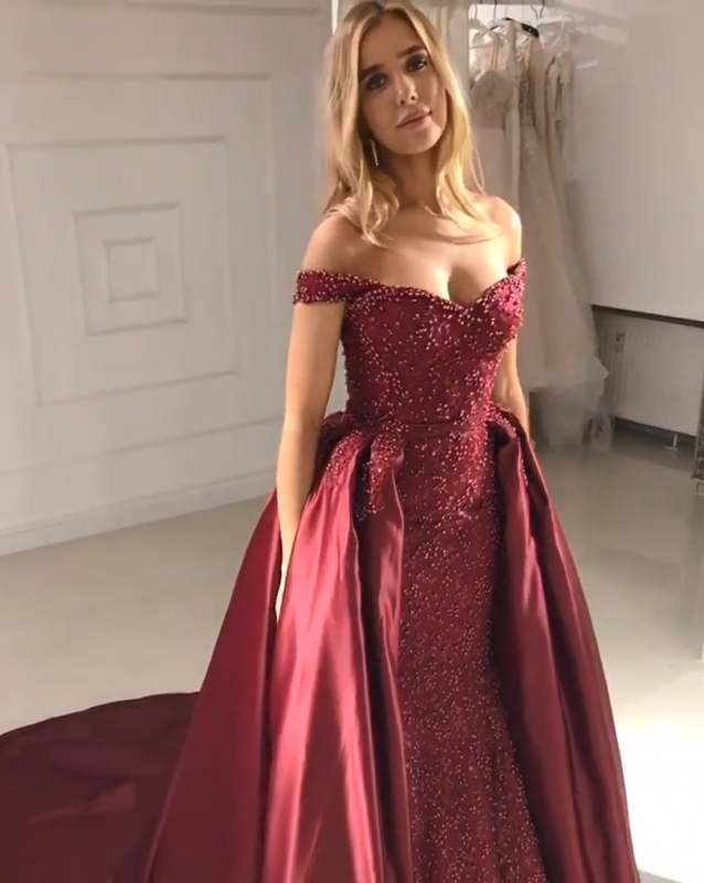 Gorgeous Burgundy Puffy Prom Dresses | Off The Shoulder Beads Over Skirt Evening Dresses