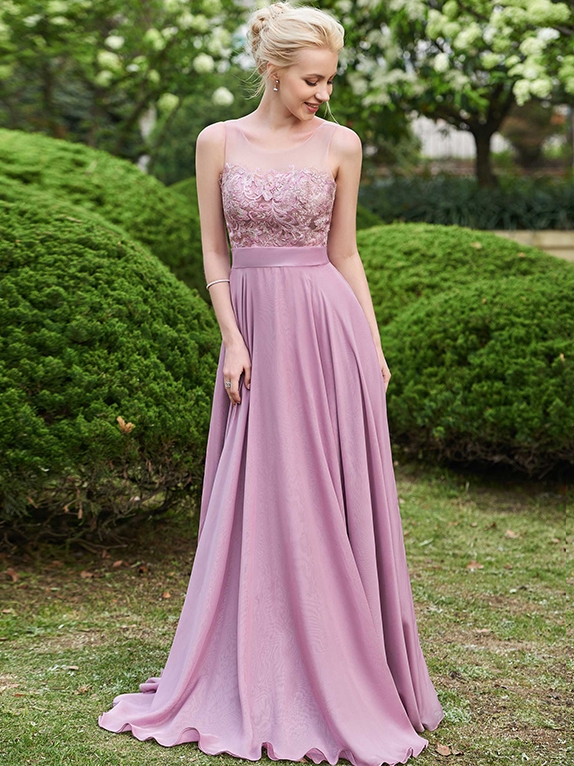 Exquisite Chiffon A-Line Bridesmaid Dresses | Sheer Neck Sleevelesss Lace Appliques Long Prom Dresses