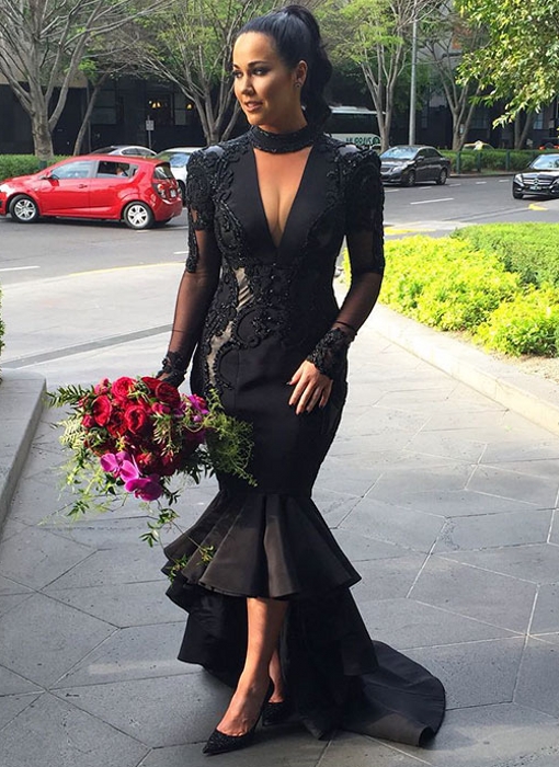 Sexy Black Mermaid Evening Gowns | V-neck Long Sleeves Wedding Party Dress