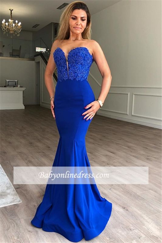 Elegant Sweetheart Sleeveless Mermaid Appliques Prom Dresses | Royal Blue Mermaid Beaded Evening Gowns