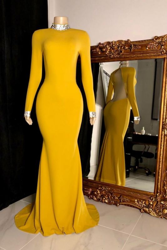Yellow Sexy Long-sleeve Mermaid Backless Long Floor-length Prom Dresses