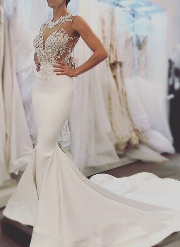 Elegant Mermaid Wedding Dresses | Sheer Neck Sleeveless Lace Appliques Long Bridal Gowns