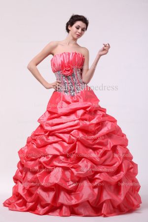 2021 Cheap Dresses For Quinceanera Pink On Sale Strapless Sequined Flower Beautiful Satin Gowns Stores BO0841