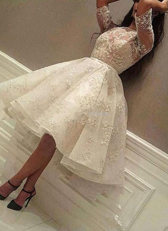 Chic Puffy Lace Prom Dresses | Jewel Half Sleeves Short Homecoming Dresses