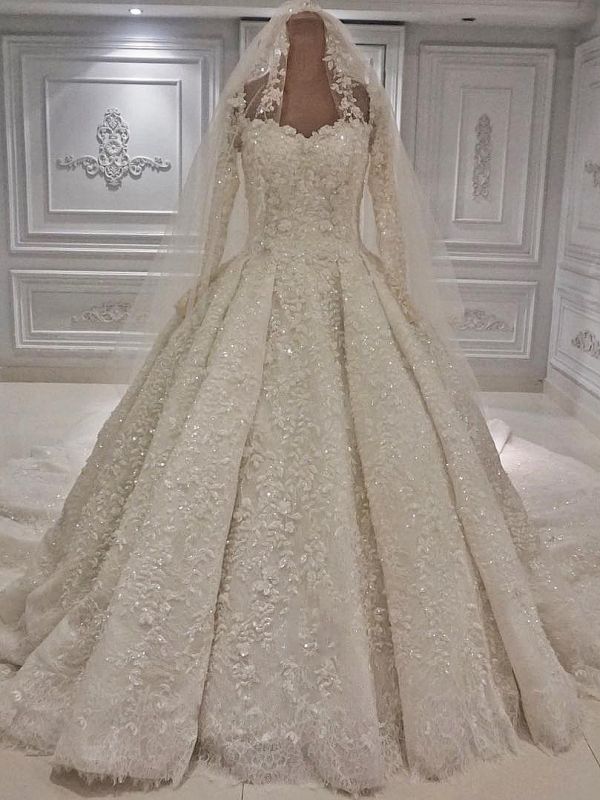 Brilliant Lace Ball Gown Wedding Dresses | Sweetheart Long Sleeves Lace Bridal Dresses
