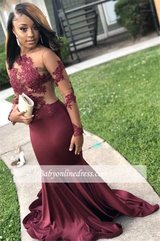 Charming Long-Sleeves Open-Back Prom Dresses | Burgundy Mermaid Appliques Evening Gowns