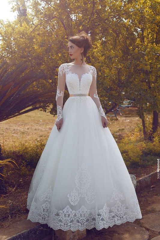 Appliques Long Sleeves Glamorous Tulle A-line Wedding Dresses