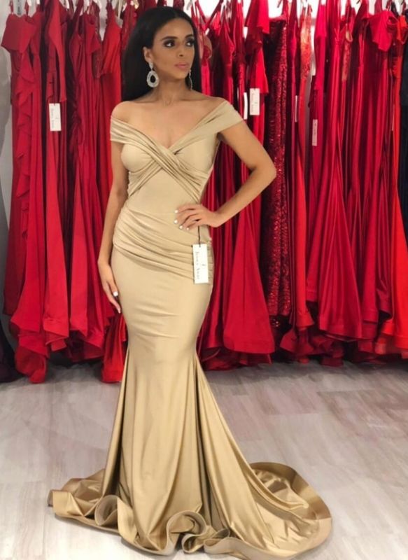 Sexy Gold Mermaid Prom Dresses | Off-the-Shoulder Ruched Prom Dresses