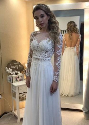 Floor Length Backless Lace Long-Sleeves Modern A-line Wedding Dress