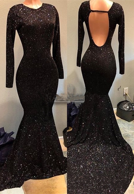 Black Sequins 2021 Prom Dress | Long Sleeve Evening Gowns On Sale BA9023