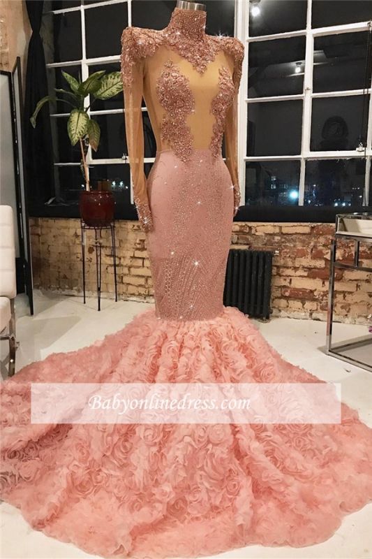 Charming High Neck Long Sleeves Prom Dresses | Appiques Mermaid Pink Evening Gowns