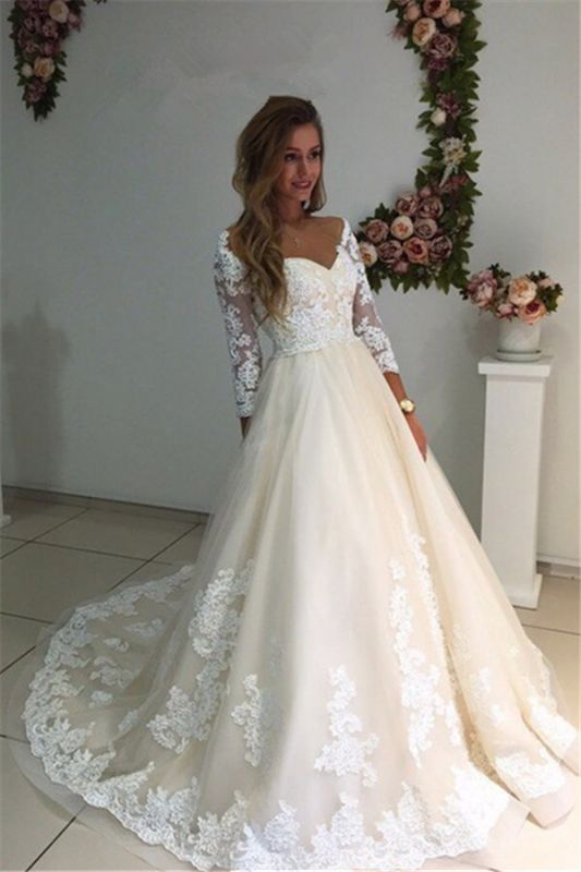 Long Ivory Lace Tulle Sleeves Backless Appliques A-Line Wedding Dresses