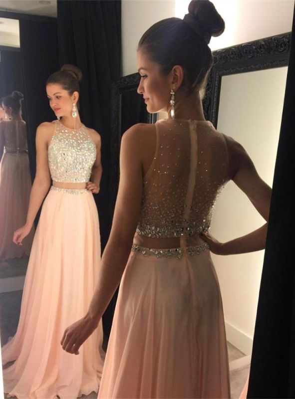 2021 Two-Piece Prom Dresses for Teens Chiffon Beaded Long A-line Sexy Evening Gowns