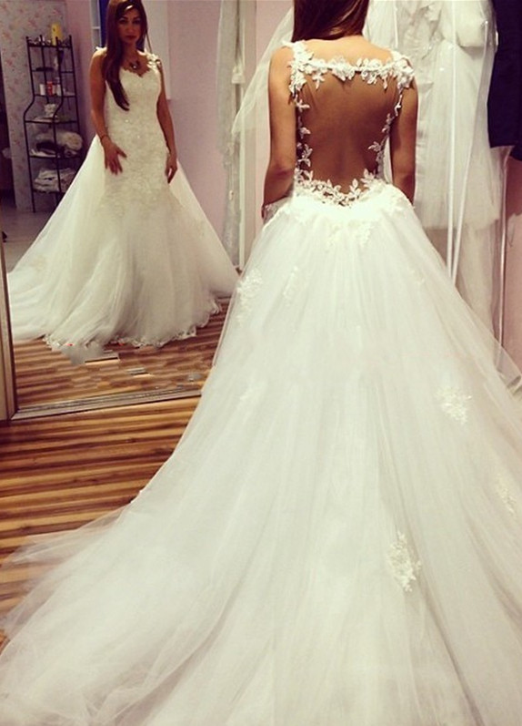 Elegant Mermaid Backless Wedding Dresses | Lace Appliques With Detachable Train