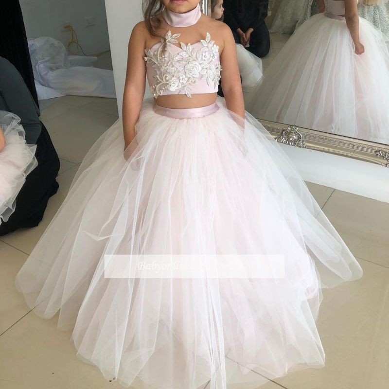 Pink Sweetheart Lovely Two-Pieces Flower Tulle Appliques Girl Dresses