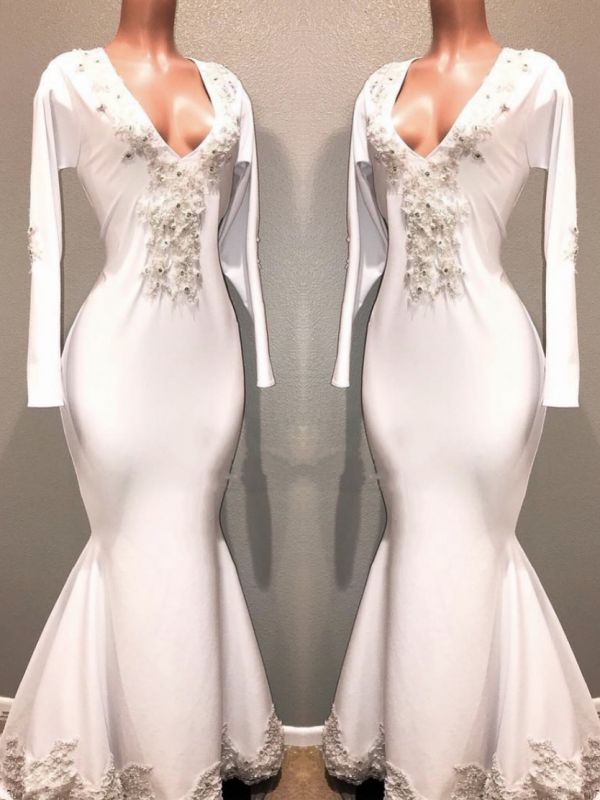 White Long Sleeves Mermaid Evening Dresses | V-Neck Long Sleeves Lace Appliques Beaded Long Prom Dresses