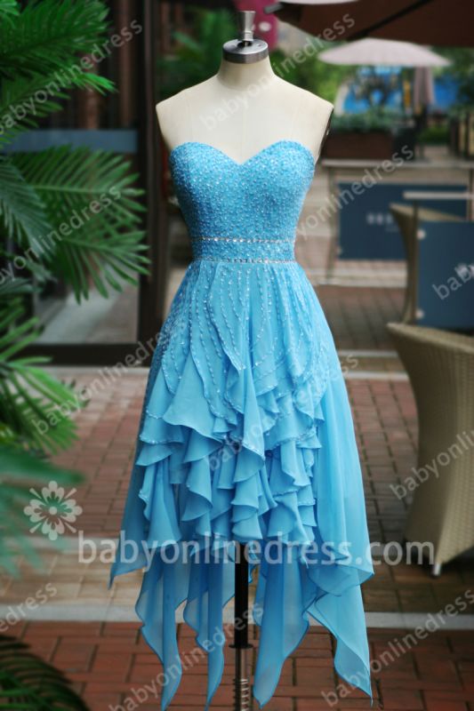 Blue Cocktail Dresses 2021 Sweetheart Sleeveless Cascading Ruffles Beading Sequins Charming Zipper Hi-lo Homecoming Gown