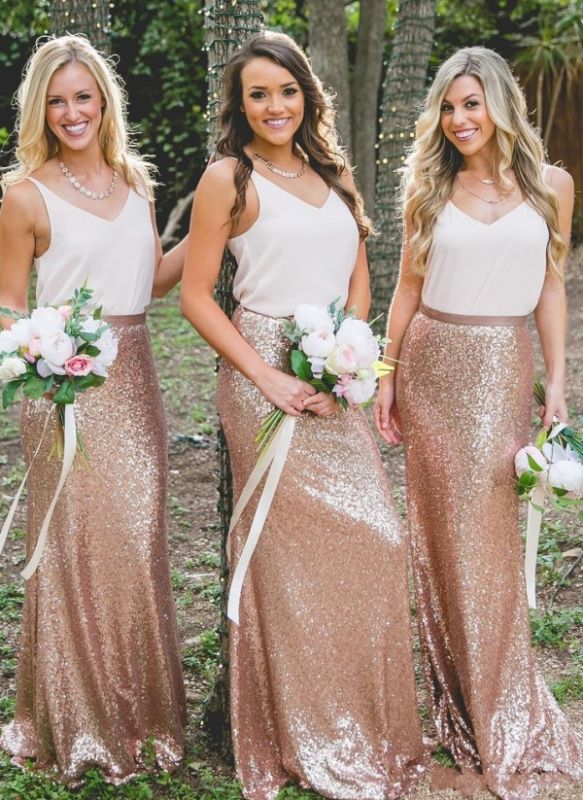 Chic V-Neck Sequins Skirt Bridesmaid Dresses | Sleeveless Long Sheath Wedding Party Dresses