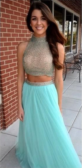 2021 Two Pieces Separate Long Prom Dresses High Neck Front Slit Beading Junior Formal Party Dresses
