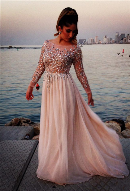 Long Sleeves Crystals Prom Dresses Scoop Neck Beaded Chiffon Court Train Evening Gowns