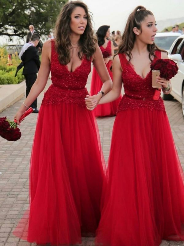 Red Tulle A-Line Bridesmaid Dresses | V-Neck Sleeveless Beading Long Wedding Party Dresses