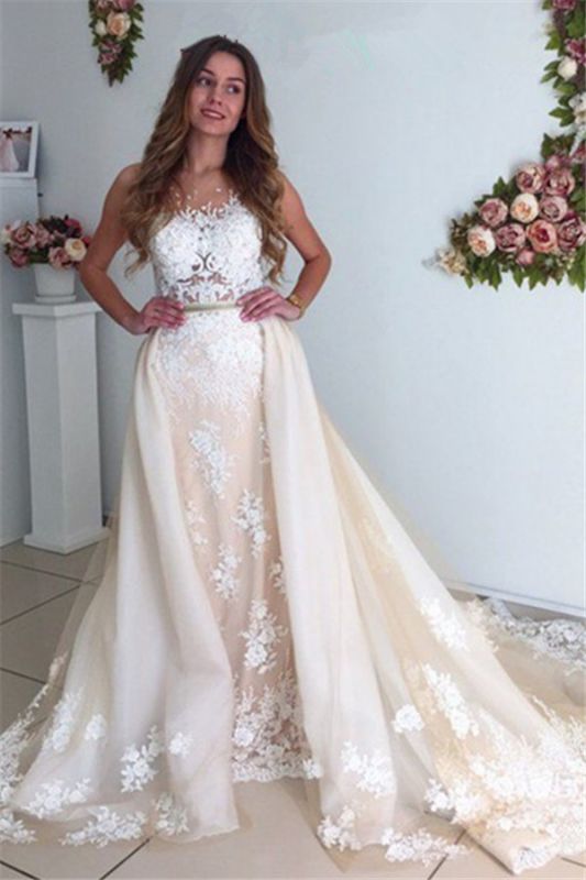 Gorgeous Detachable-Cathedral-Train Mermaid Lace Tulle Ivory Wedding Dresses