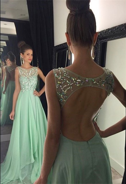 2021 Chiffon Long Prom Dresses Mint Green Crystals Hollow Open Back Junior Evening Dresses