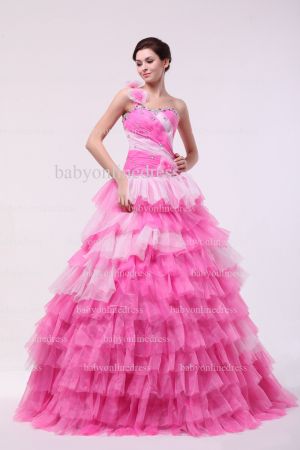 Affordable Dresses For Quinceanera Pink 2021 Wholesale One Shoulder Flowers Beaded Organza Layered Gowns For Sale BO0846