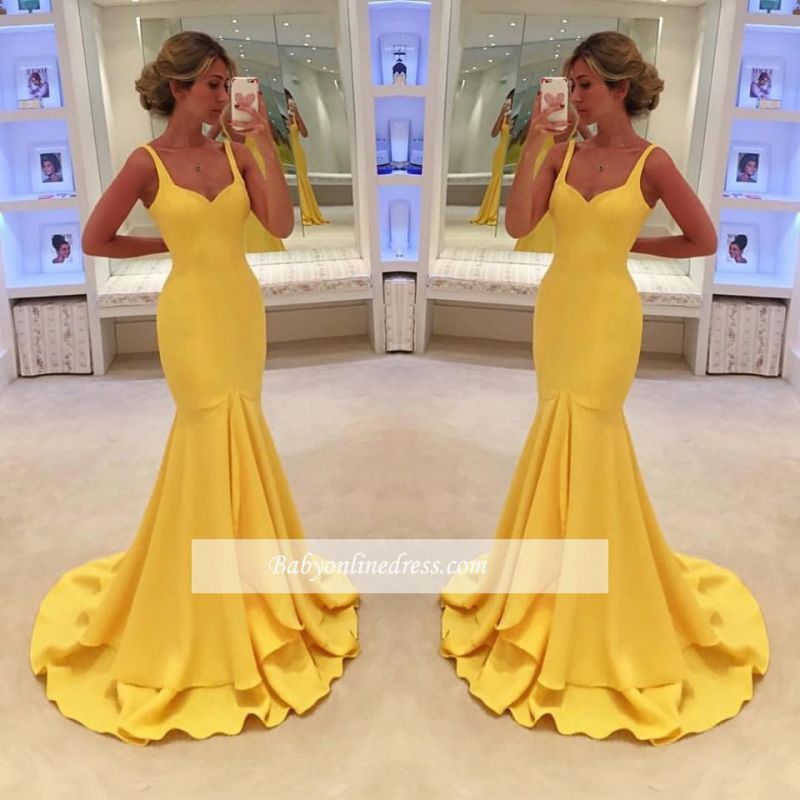 Simple Yellow Mermaid Tiered Spaghetti-Straps 2021 Prom Dress