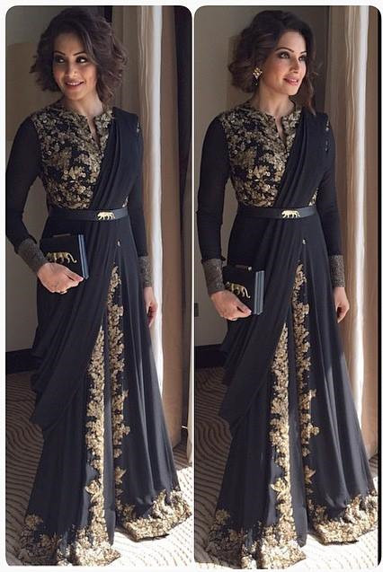 Long Sleeves Arabic Evening Gowns 2021 Gold Appliques Black Muslim Indian Dresses