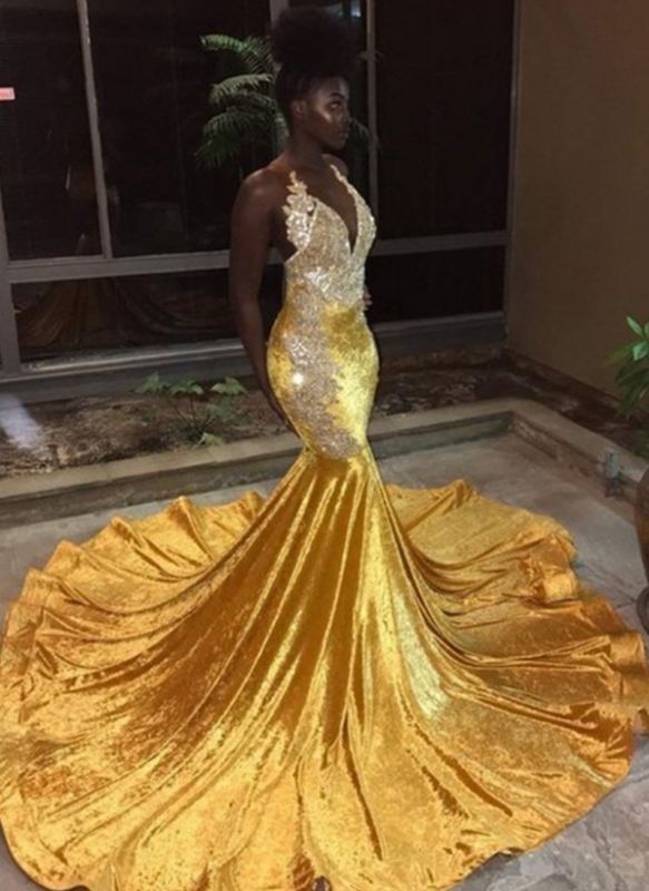 Shiny Yellow Mermaid Prom Dresses | Sexy V-Neck Appliques Evening Gowns BC0662