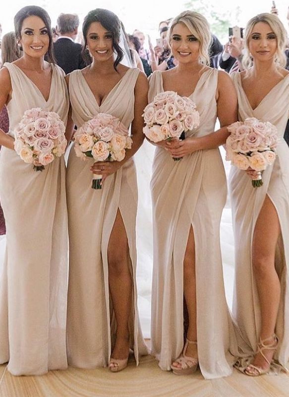 Simple Chiffon Long Bridesmaid Dresses | V-Neck Sleeveless Side-Slit Prom Dresses BM0203