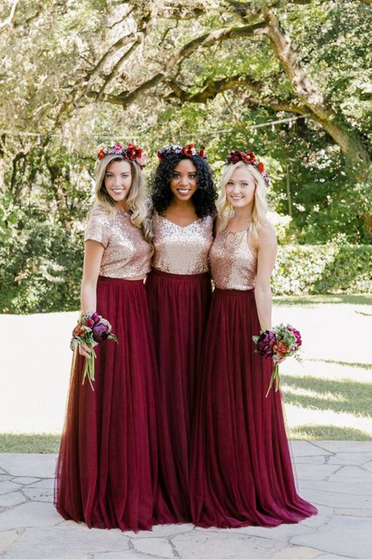 Burgundy And Gold Two Pieces Sequin A Line Floor Length Bridesmaid Dresses