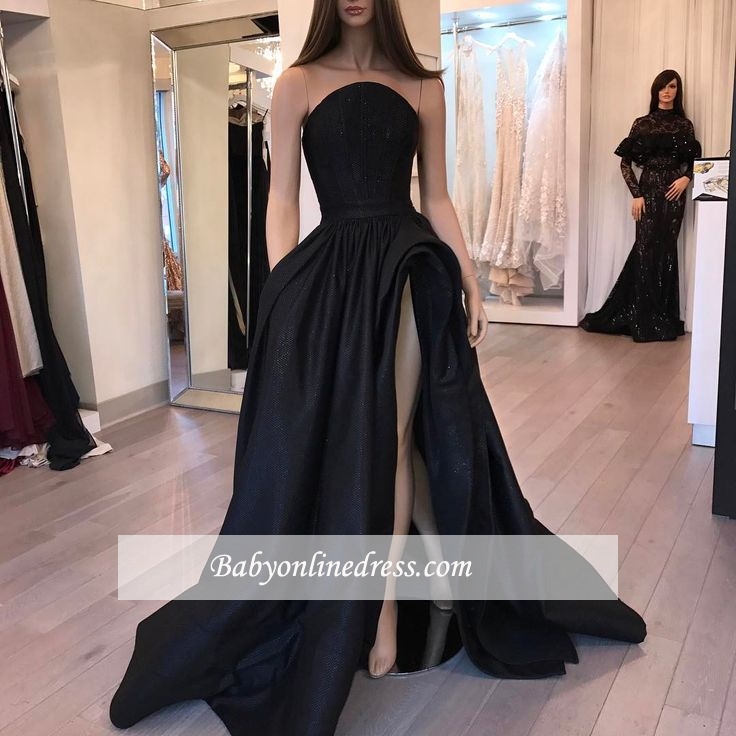 Stylish Slit Strapless Prom Dresses Designer Sleeveless Black Sexy Belt Evening Dresses