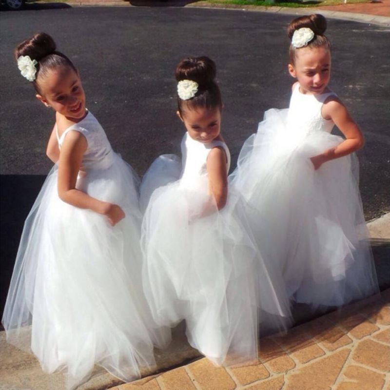 2021 White Tulle Flower Girl's Dresses Puffy Skirt Long Girl's Formal Occasion Dresses
