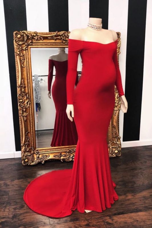 Red Off-the-shoulder Long Sleeve Floor Length Baby Shower Prom Dresses