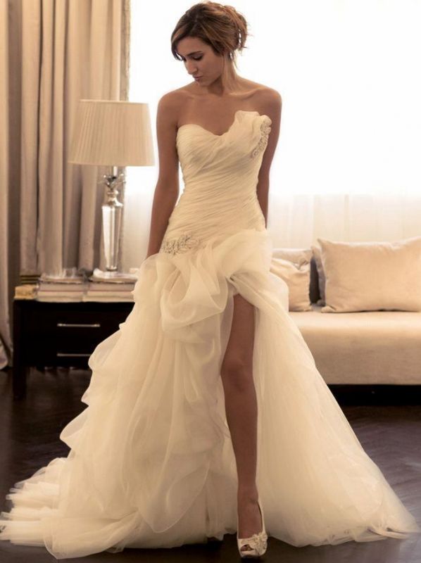 Sexy High-Low Ruched Wedding Dresses | Sweetheart Beaded Layered Bridal Gowns