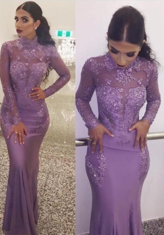 Sexy Illusion Lace Evening Gowns | High Neck Long Sleeves Formal Dresses