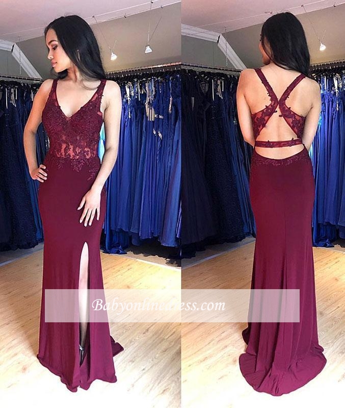 Side-Slit Lace-Appliques Prom Gowns | Elegant Mermaid Burgundy Prom Dresses