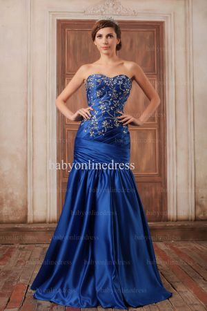 2103 Wholesale Customized Navy Blue Evening Dresses Sweetheart Crystal Ruched Satin Mermaid Dresses BO0370