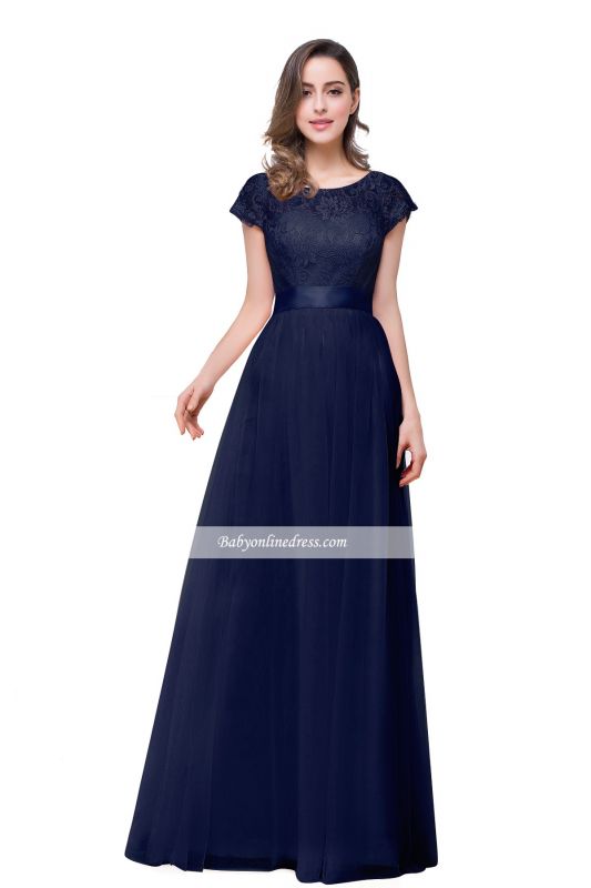 Short-Sleeves Elegant Open-Back Lace Bowknot A-Line Evening Dress