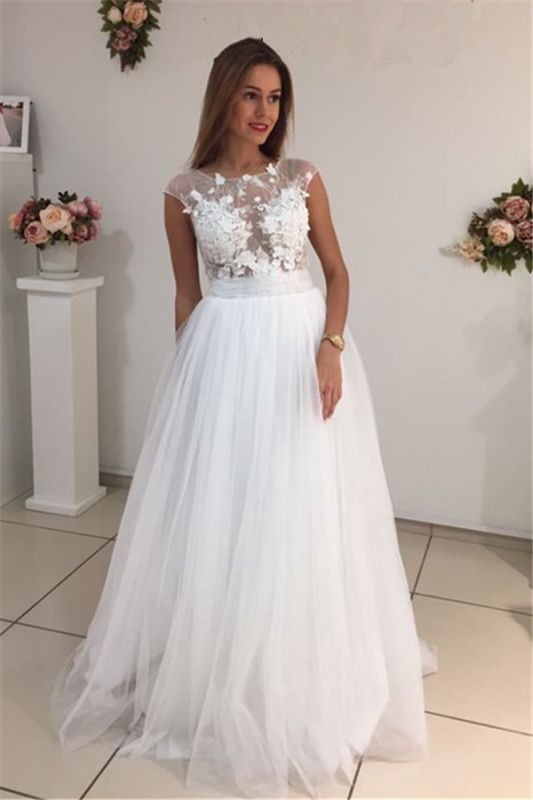 Cap Sleeves A-Line Tulle Gorgeous Appliques White Wedding Dresses