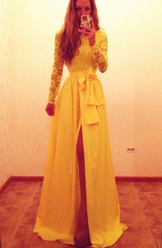 2021 Yellow Long Sleeves Lace Prom Dresses Front Slit with Bow Sash A-line Evening Gowns