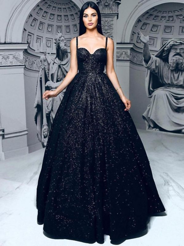 Elegant Black A-Line Evening Dresses | Spaghetti Straps Sequins Evening Dresses