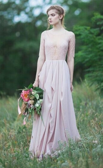 2021 Sheer Lace Chiffon Bridesmaid Dresses Half Long Sleeves Ruffles Long Maid of Honor Dresses
