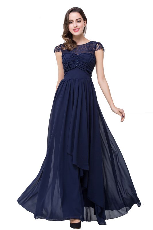 Chic Chiffon A-Line Bridesmaid Dresses | Scoop Cap Sleeves Long Prom Dresses BM0128