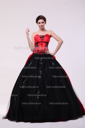 Discounted Sexy Quinceanera Dresses Black and Red 2021 Strapless Appliques Beaded Floor-length Gowns For Sale BO0851