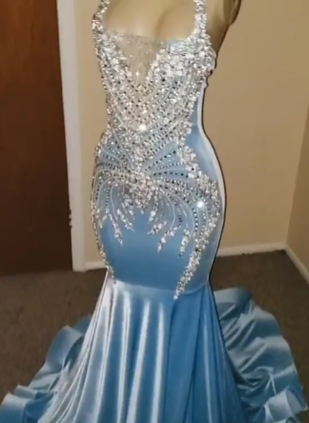 Elegant Sky Blue Mermaid Prom Dresses | Halter Neck Bead Evening Gowns BC1408