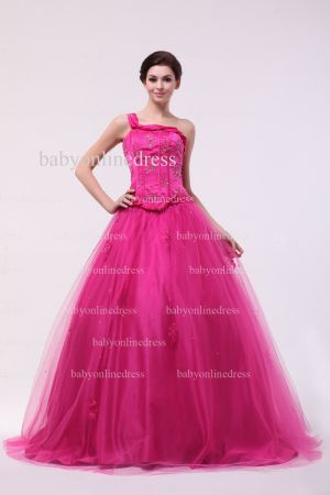 Affordable Beauty Dresses For Quinceanera 2021 One Shoulder Lace-up Beaded Floor-length Tulle Gowns BO0852